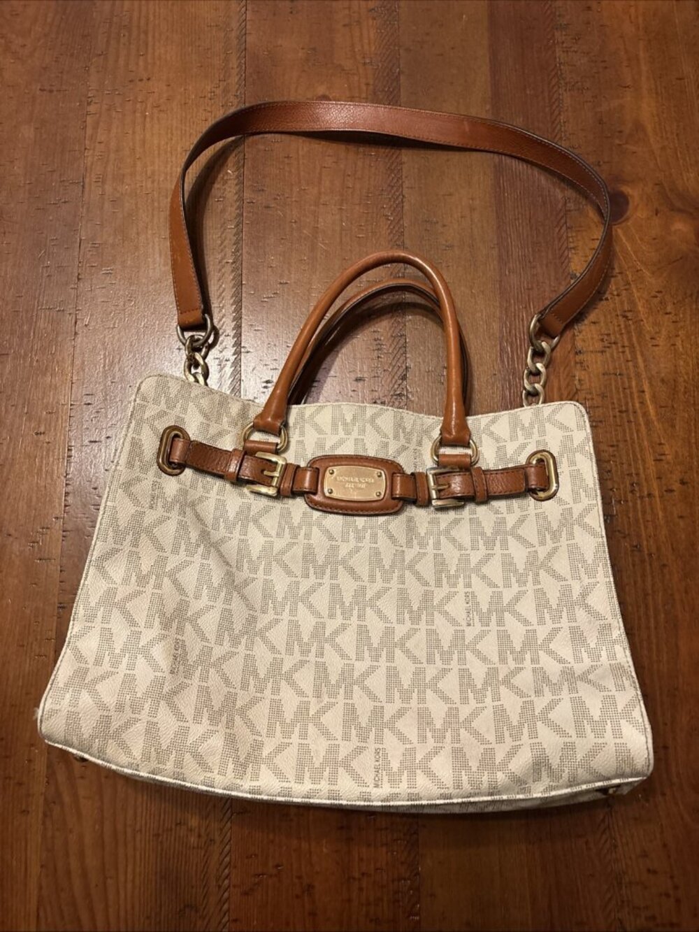 michael kors hamilton handbag large White And Brown Leather Strap